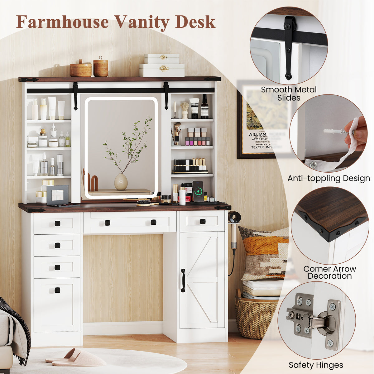 Giantex Farmhouse Vanity Desk with Barn-Style Sliding Mirror, Makeup Vanity Table w/ 3 Lighting Modes & Adjustable Brightness