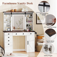 Giantex Farmhouse Vanity Desk with Barn-Style Sliding Mirror, Makeup Vanity Table w/ 3 Lighting Modes & Adjustable Brightness
