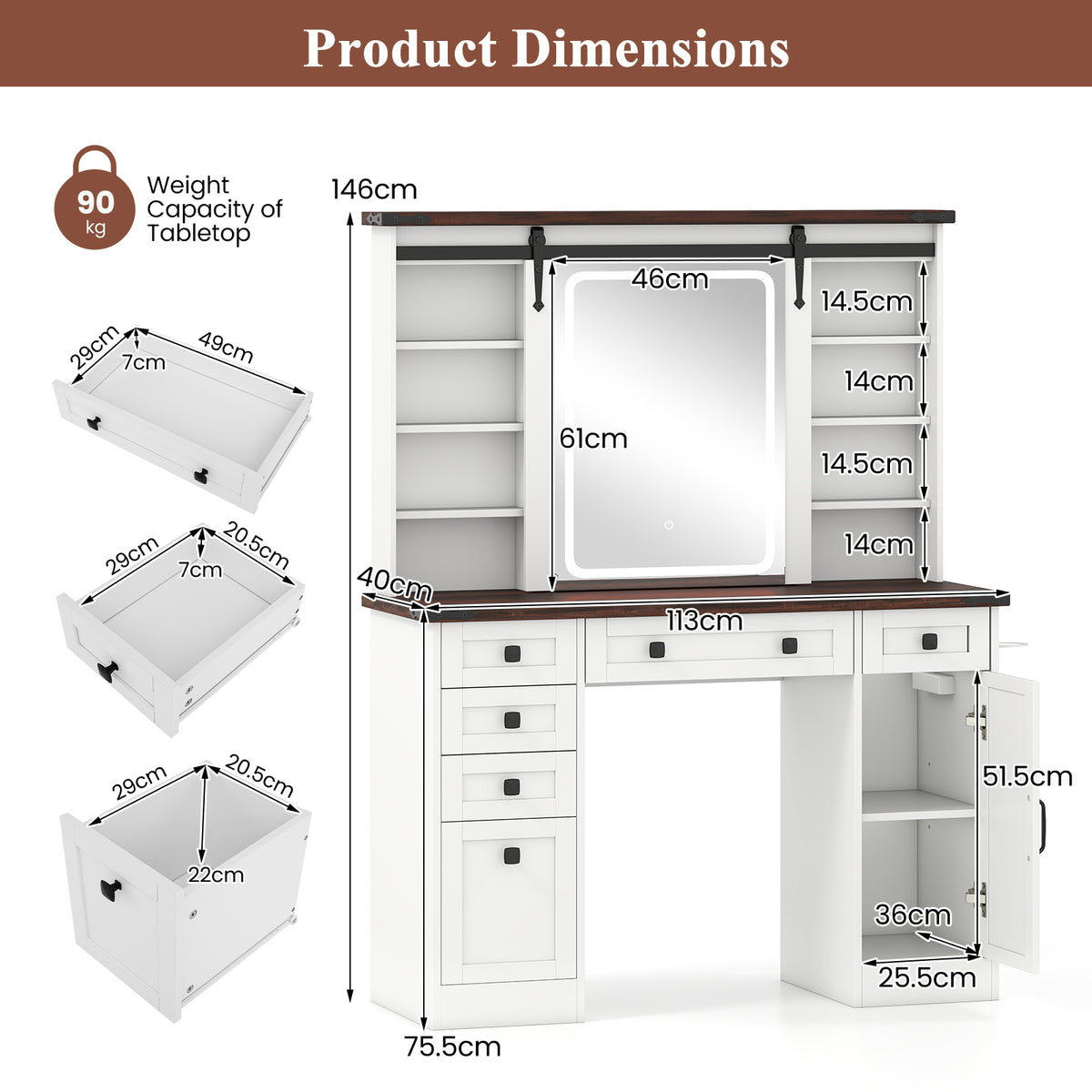 Giantex Farmhouse Vanity Desk with Barn-Style Sliding Mirror, Makeup Vanity Table w/ 3 Lighting Modes & Adjustable Brightness