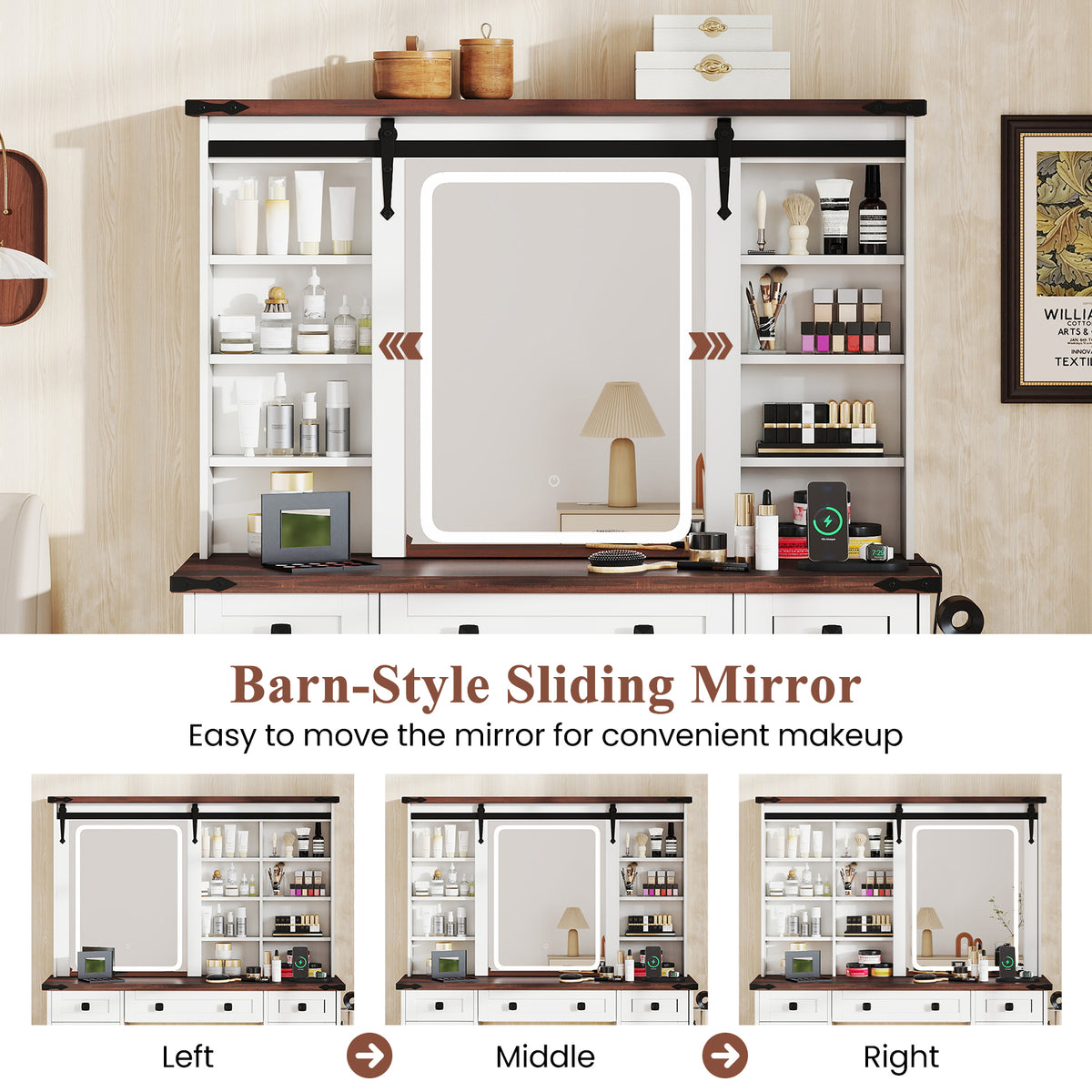 Giantex Farmhouse Vanity Desk with Barn-Style Sliding Mirror, Makeup Vanity Table w/ 3 Lighting Modes & Adjustable Brightness