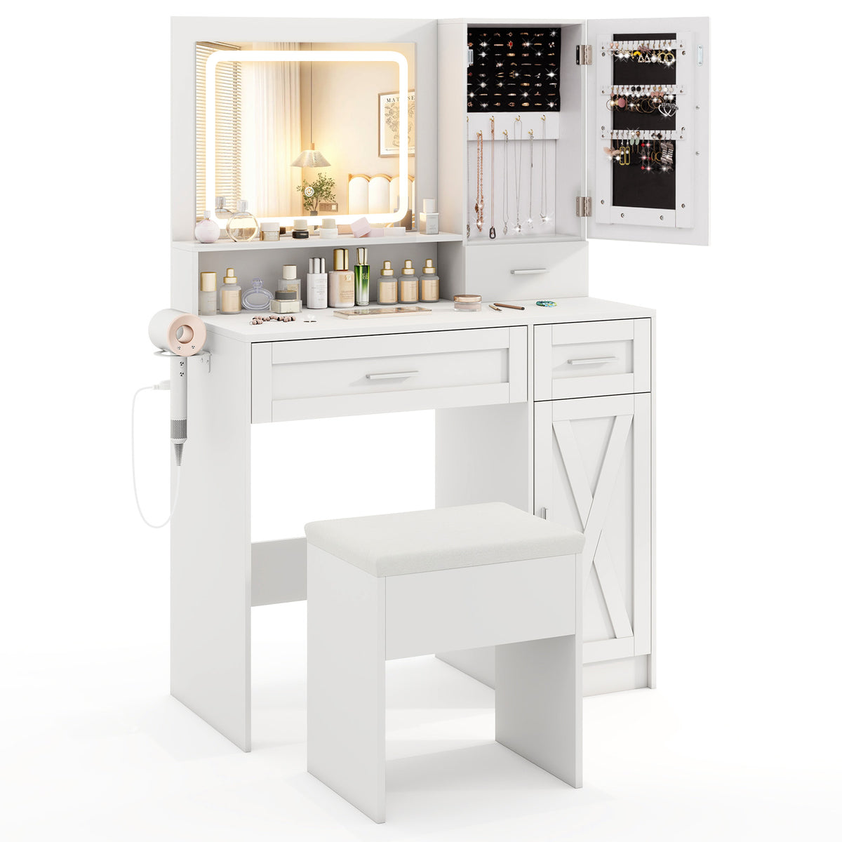 Makeup Vanity Desk with Mirror and Lights, Dressing Table and Stool Set with Charging Station, 3-Color LED Lights