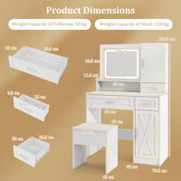 Makeup Vanity Desk with Mirror and Lights, Dressing Table and Stool Set with Charging Station, 3-Color LED Lights