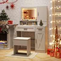 Makeup Vanity Desk with Mirror and Lights, Dressing Table and Stool Set with Charging Station, 3-Color LED Lights