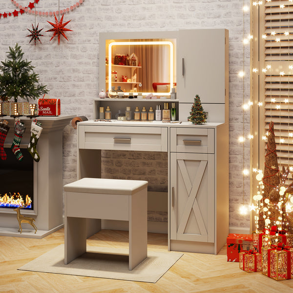 Makeup Vanity Desk with Mirror and Lights, Dressing Table and Stool Set with Charging Station, 3-Color LED Lights