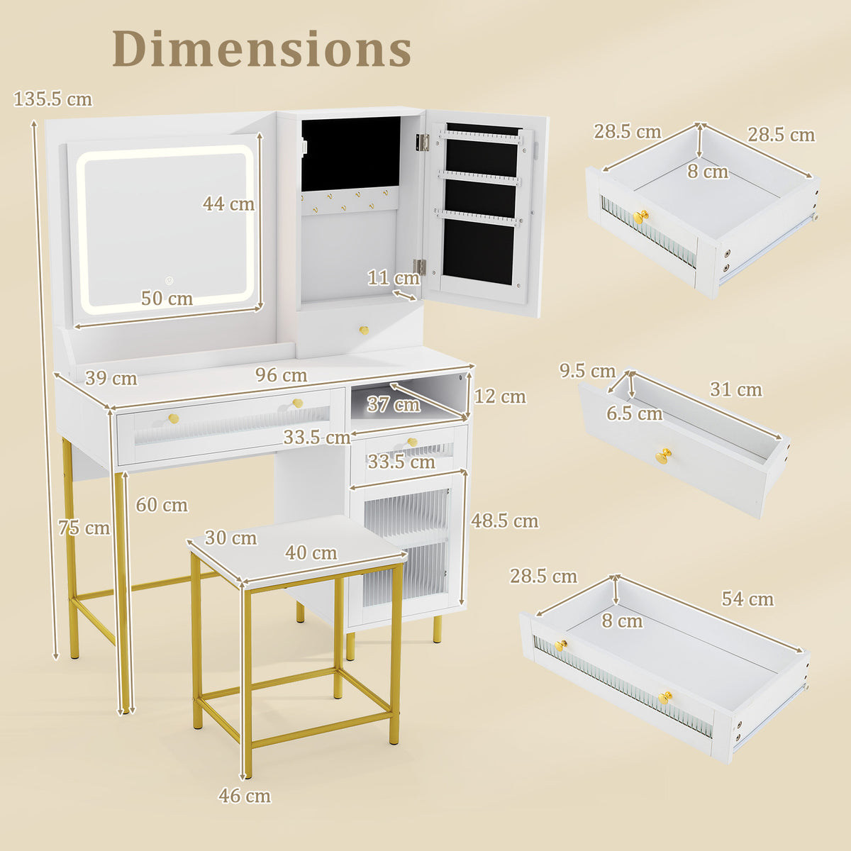 Makeup Vanity Table Modern Dressing Table and Stool Set with Mirror and Lights