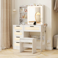 Makeup Vanity Desk with Mirror and Lights, Dressing Table and Stool Set with Charging Station