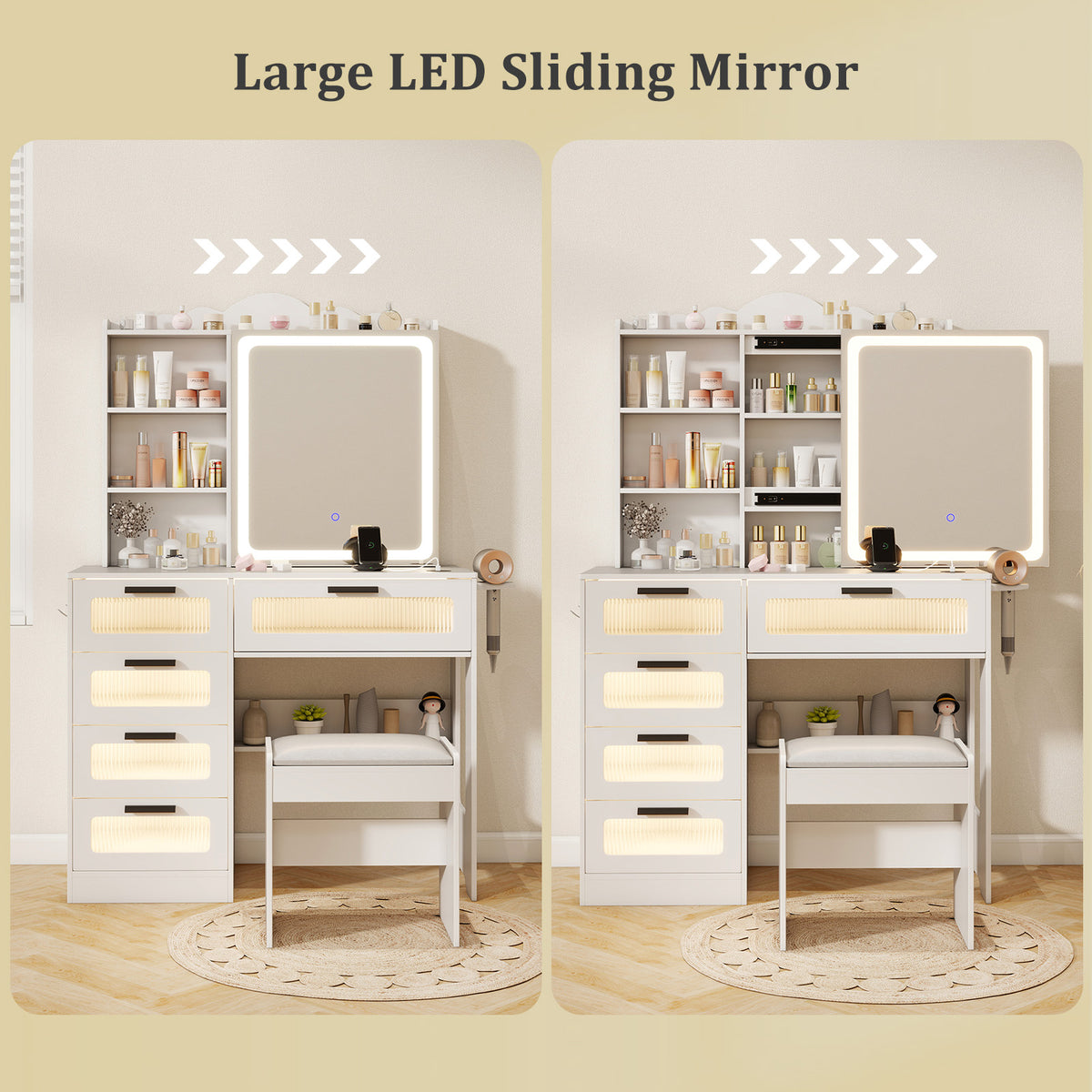 Makeup Vanity Desk with Mirror and Lights, Dressing Table and Stool Set with Charging Station