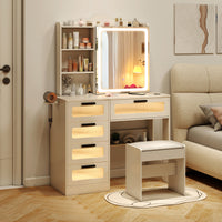 Makeup Vanity Desk with Mirror and Lights, Dressing Table and Stool Set with Charging Station