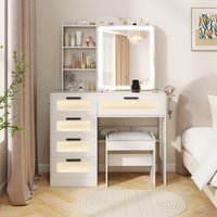 Makeup Vanity Desk with Mirror and Lights, Dressing Table and Stool Set with Charging Station