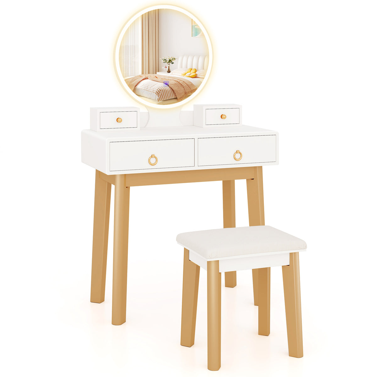 Giantex Dressing Table Stool Set, Makeup Desk Dresser with LED Makeup Mirror and Jewelry Storage Drawers