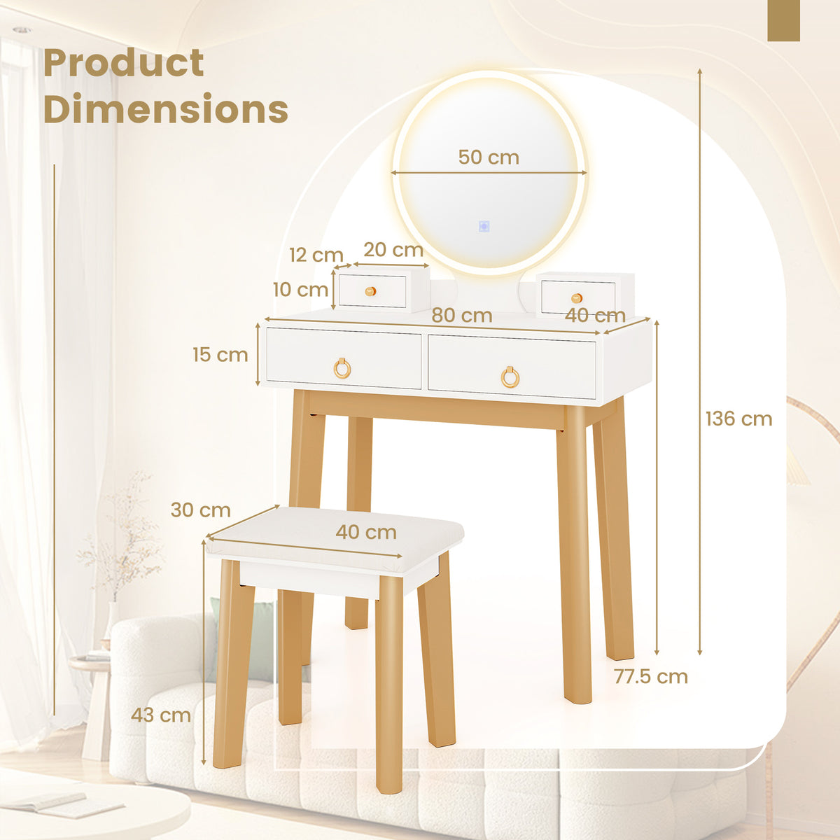 Giantex Dressing Table Stool Set, Makeup Desk Dresser with LED Makeup Mirror and Jewelry Storage Drawers