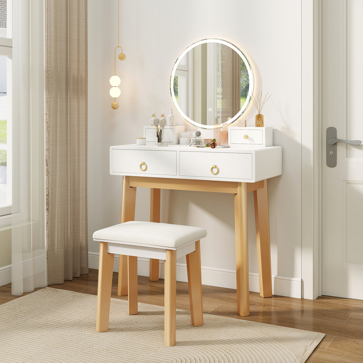 Giantex Dressing Table Stool Set, Makeup Desk Dresser with LED Makeup Mirror and Jewelry Storage Drawers