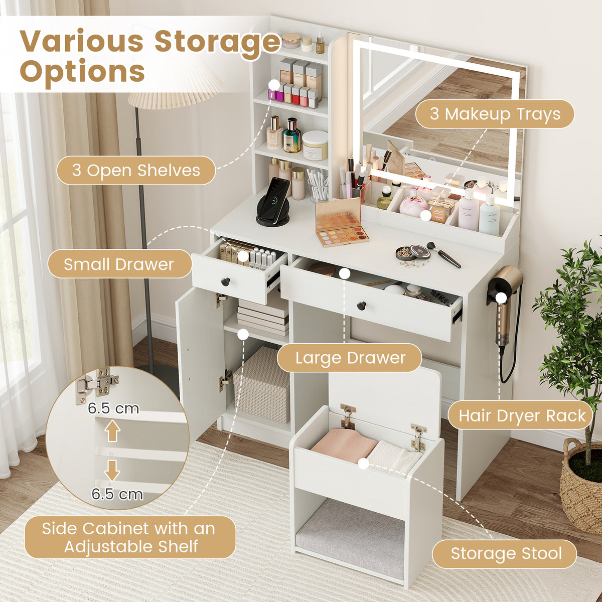 Vanity Desk with LED Lighted Mirror
