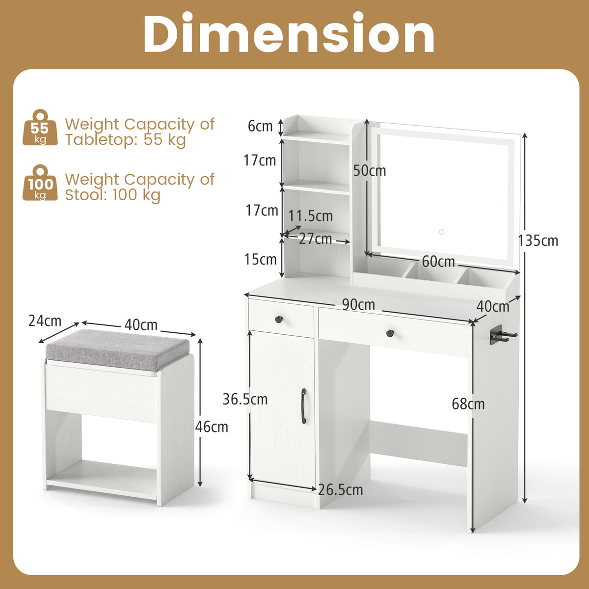 Vanity Desk with LED Lighted Mirror