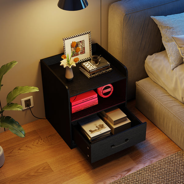 Modern Nightstand with Drawer, Small Bedside Table with Open Shelf
