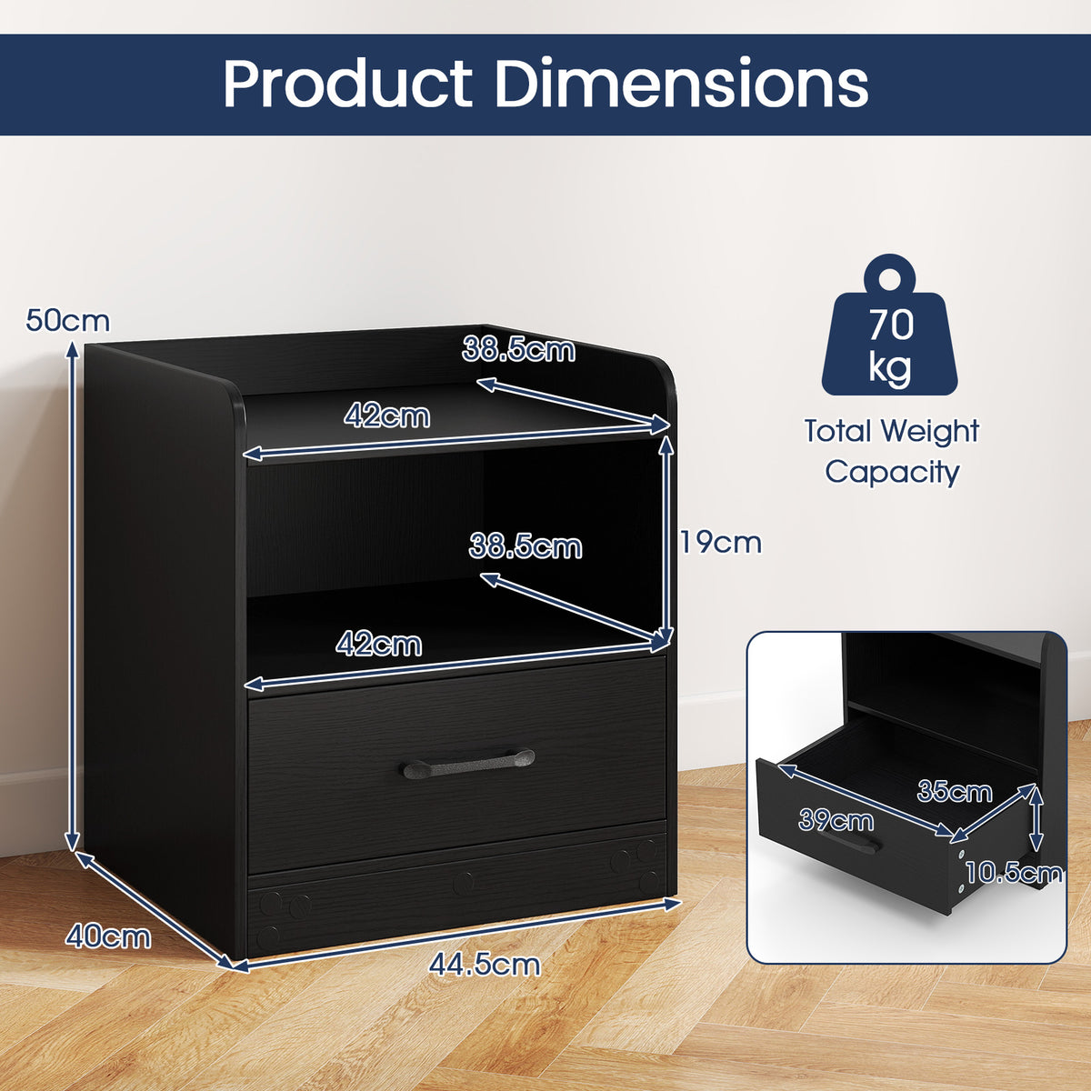 Modern Nightstand with Drawer, Small Bedside Table with Open Shelf