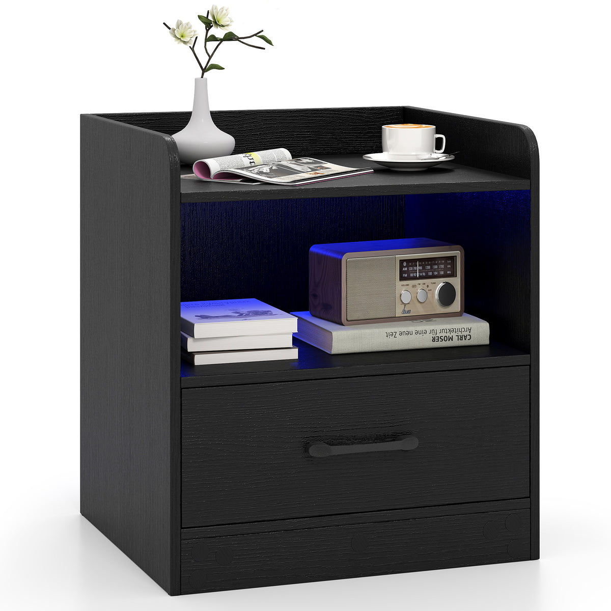 Modern Nightstand with Drawer, Small Bedside Table with Open Shelf