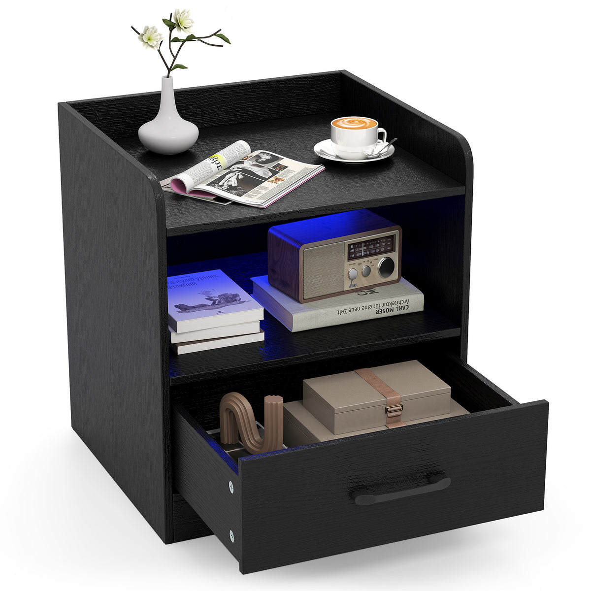 Modern Nightstand with Drawer, Small Bedside Table with Open Shelf