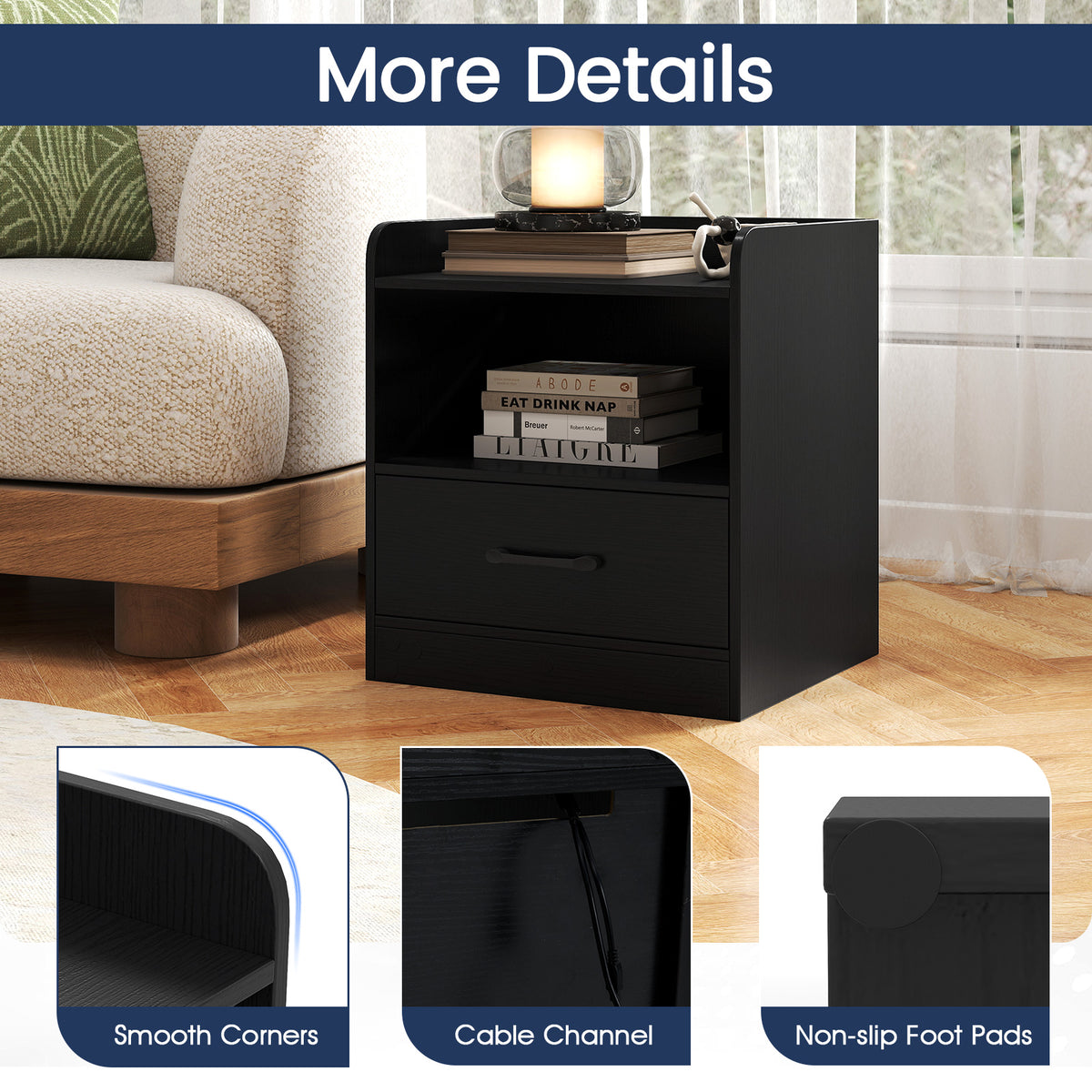 Modern Nightstand with Drawer, Small Bedside Table with Open Shelf