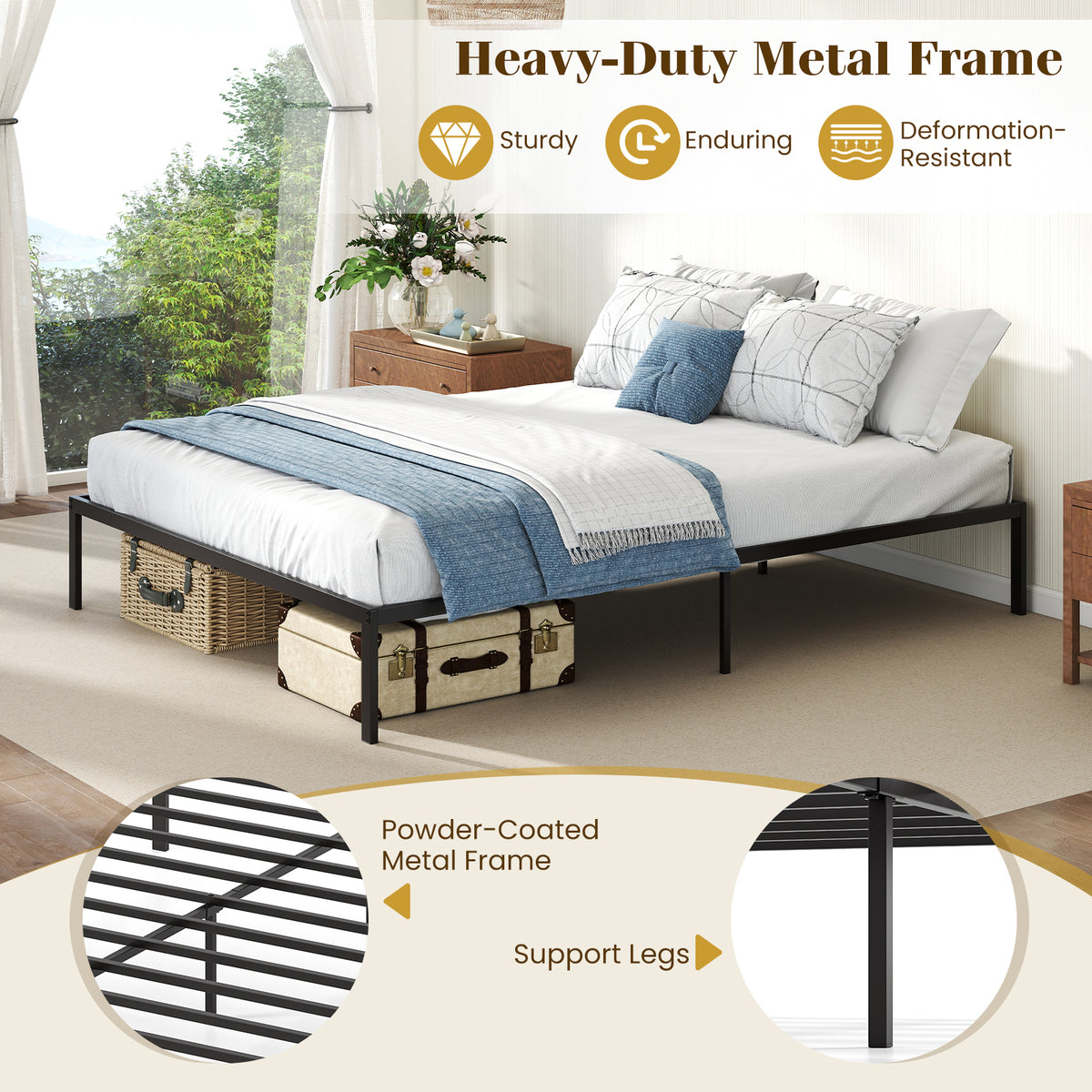 Metal Bed Frame, Platform Bed, Heavy Duty Support Slats Mattress Foundation