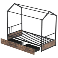 Single Size House Bed with 2 Drawers Heavy-Duty Metal Platform Bed with Roof