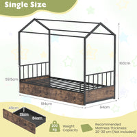 Single Size House Bed with 2 Drawers Heavy-Duty Metal Platform Bed with Roof