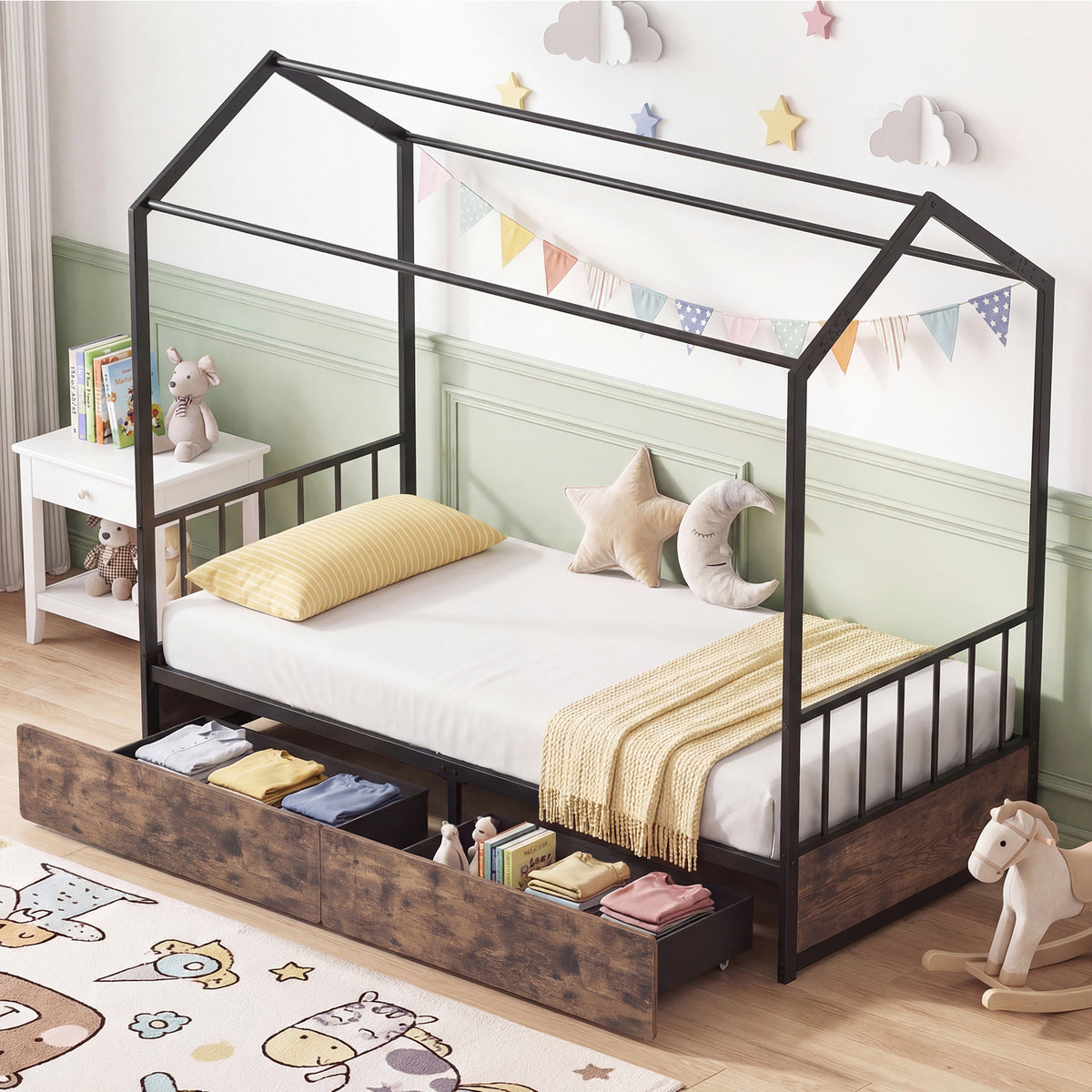 Single Size House Bed with 2 Drawers Heavy-Duty Metal Platform Bed with Roof