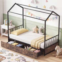 Single Size House Bed with 2 Drawers Heavy-Duty Metal Platform Bed with Roof