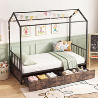 Single Size House Bed with 2 Drawers Heavy-Duty Metal Platform Bed with Roof