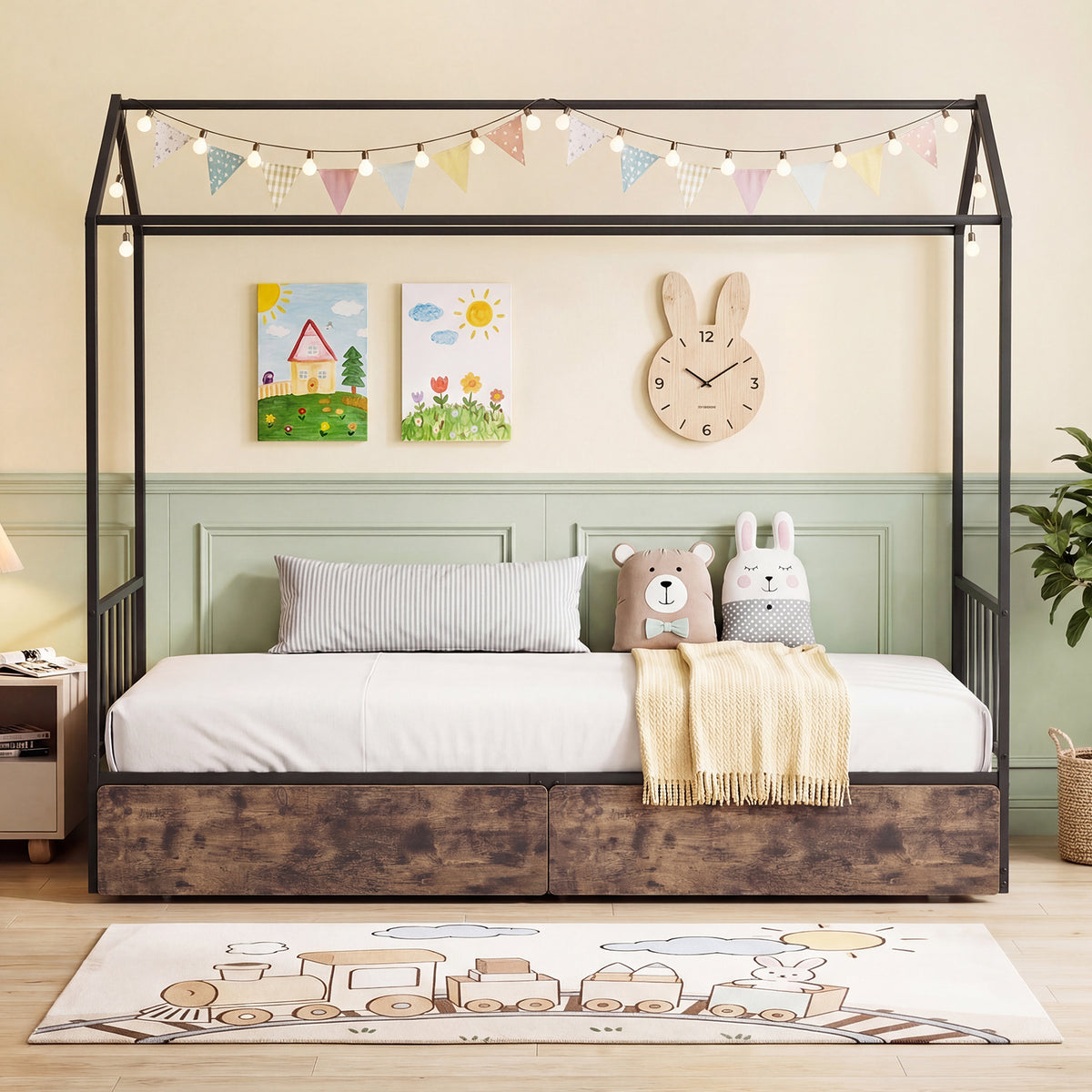 Single Size House Bed with 2 Drawers Heavy-Duty Metal Platform Bed with Roof