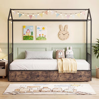 Single Size House Bed with 2 Drawers Heavy-Duty Metal Platform Bed with Roof