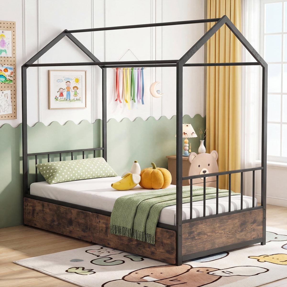 Single Size House Bed with 2 Drawers Heavy-Duty Metal Platform Bed with Roof