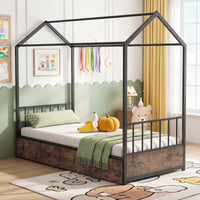 Single Size House Bed with 2 Drawers Heavy-Duty Metal Platform Bed with Roof