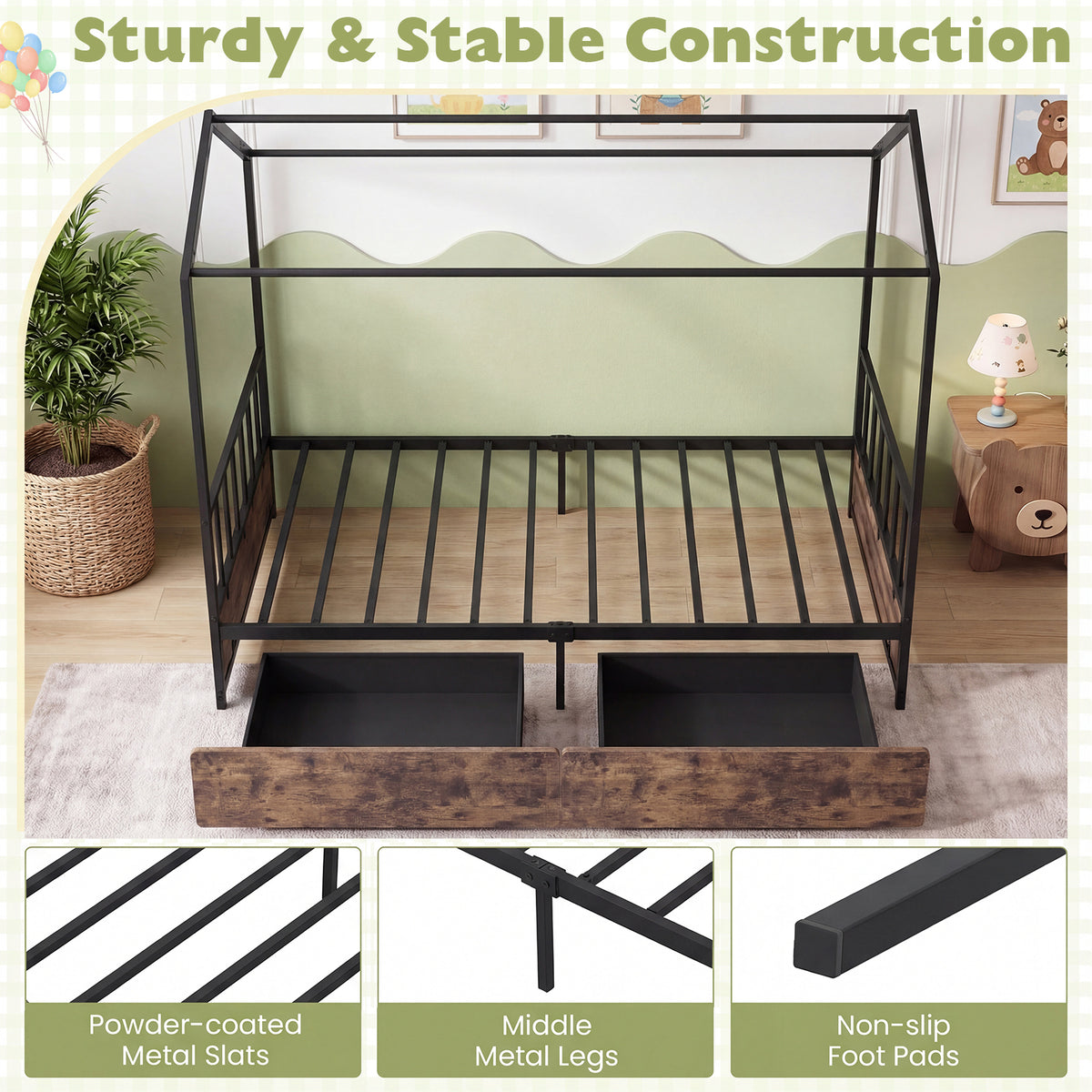 Single Size House Bed with 2 Drawers Heavy-Duty Metal Platform Bed with Roof