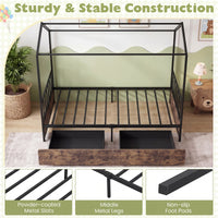 Single Size House Bed with 2 Drawers Heavy-Duty Metal Platform Bed with Roof