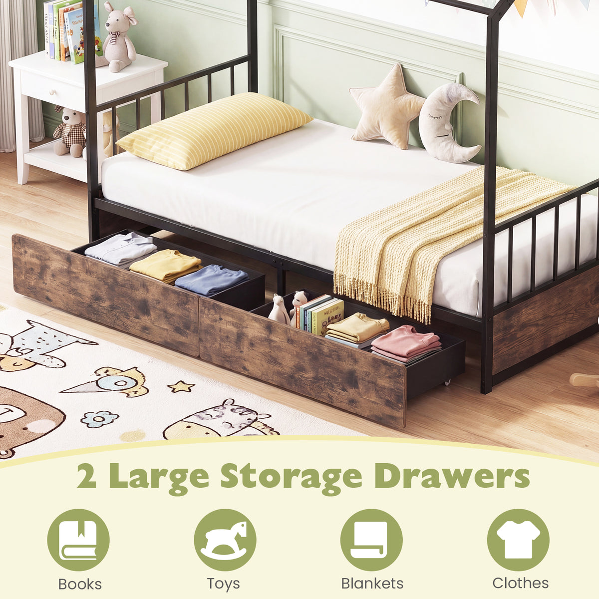 Single Size House Bed with 2 Drawers Heavy-Duty Metal Platform Bed with Roof