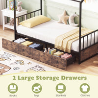 Single Size House Bed with 2 Drawers Heavy-Duty Metal Platform Bed with Roof