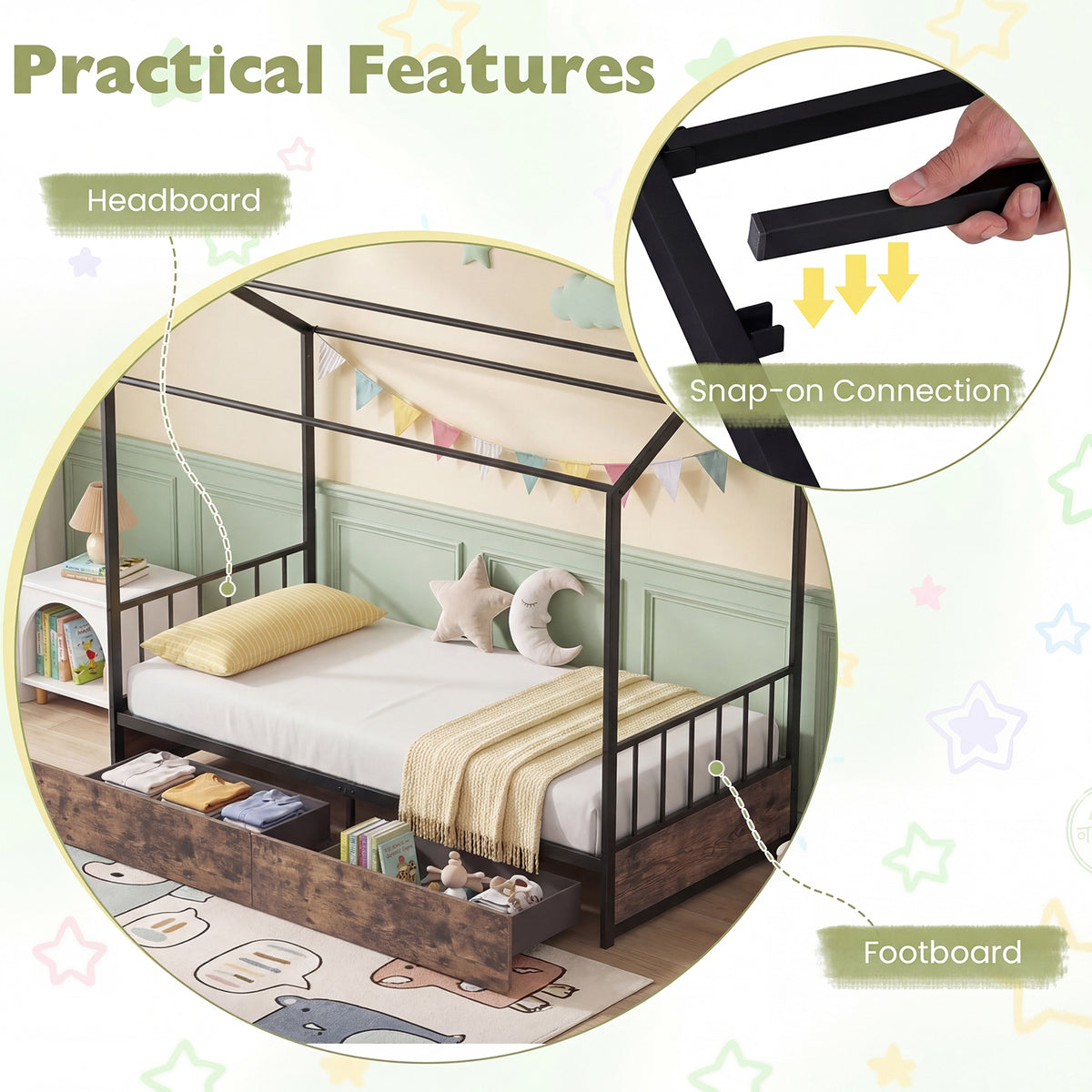 Single Size House Bed with 2 Drawers Heavy-Duty Metal Platform Bed with Roof