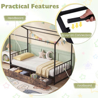 Single Size House Bed with 2 Drawers Heavy-Duty Metal Platform Bed with Roof