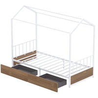 Single Size House Bed with 2 Drawers Heavy-Duty Metal Platform Bed with Roof