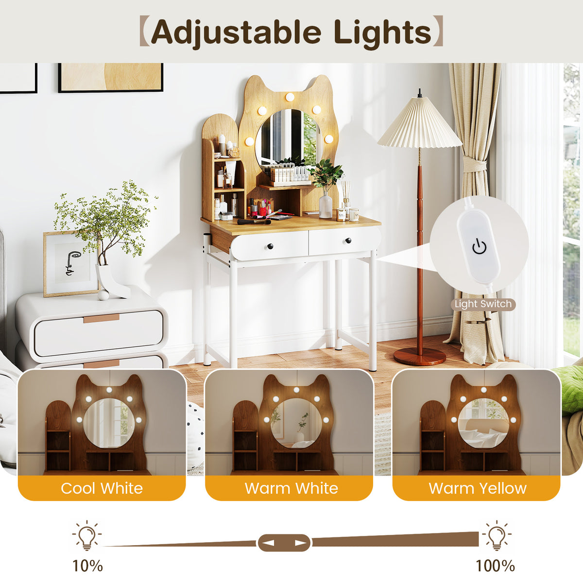 Kitty-shaped Vanity Desk with Mirror and Lights