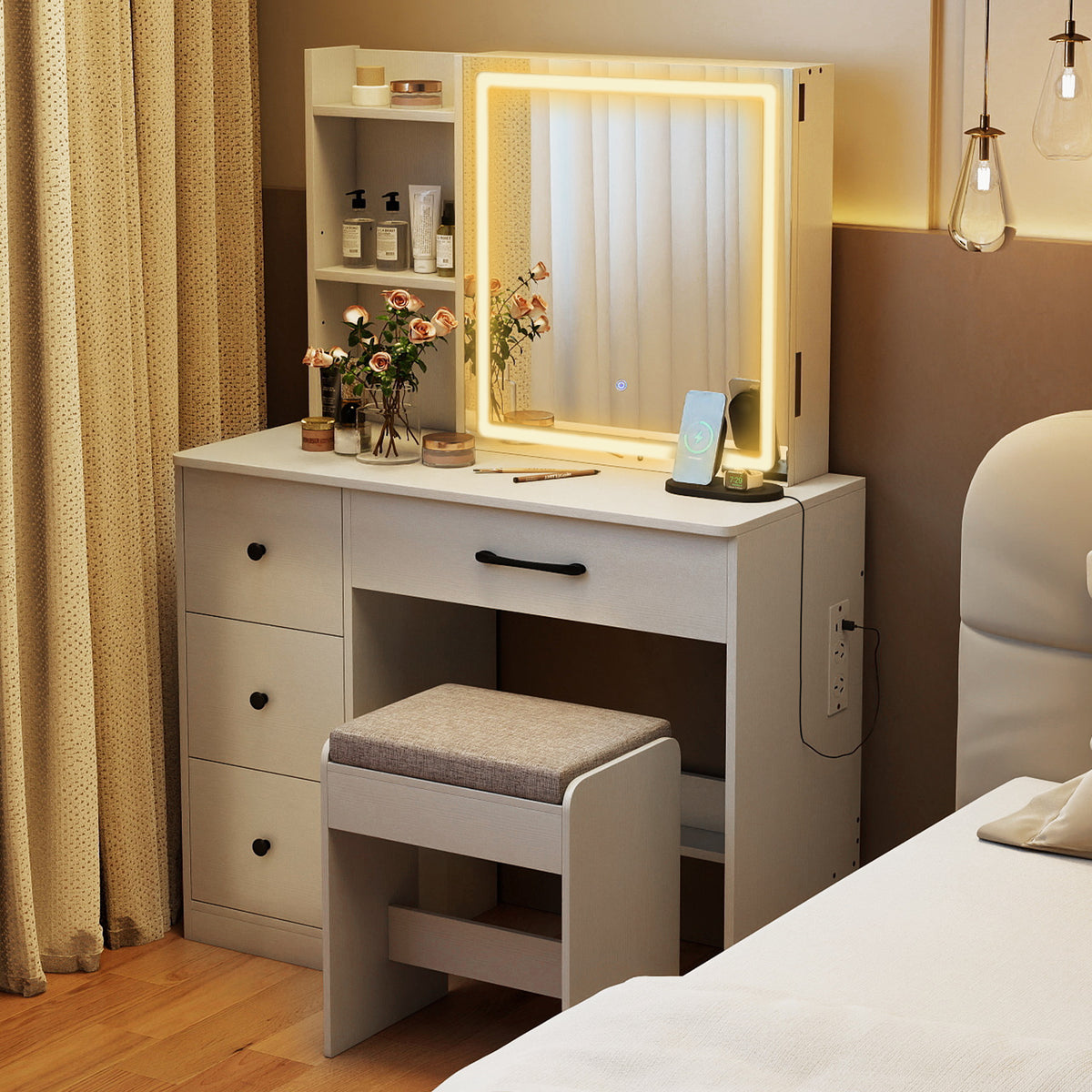 Makeup Table and Chair Set with 4 Drawers and Storage Shelves