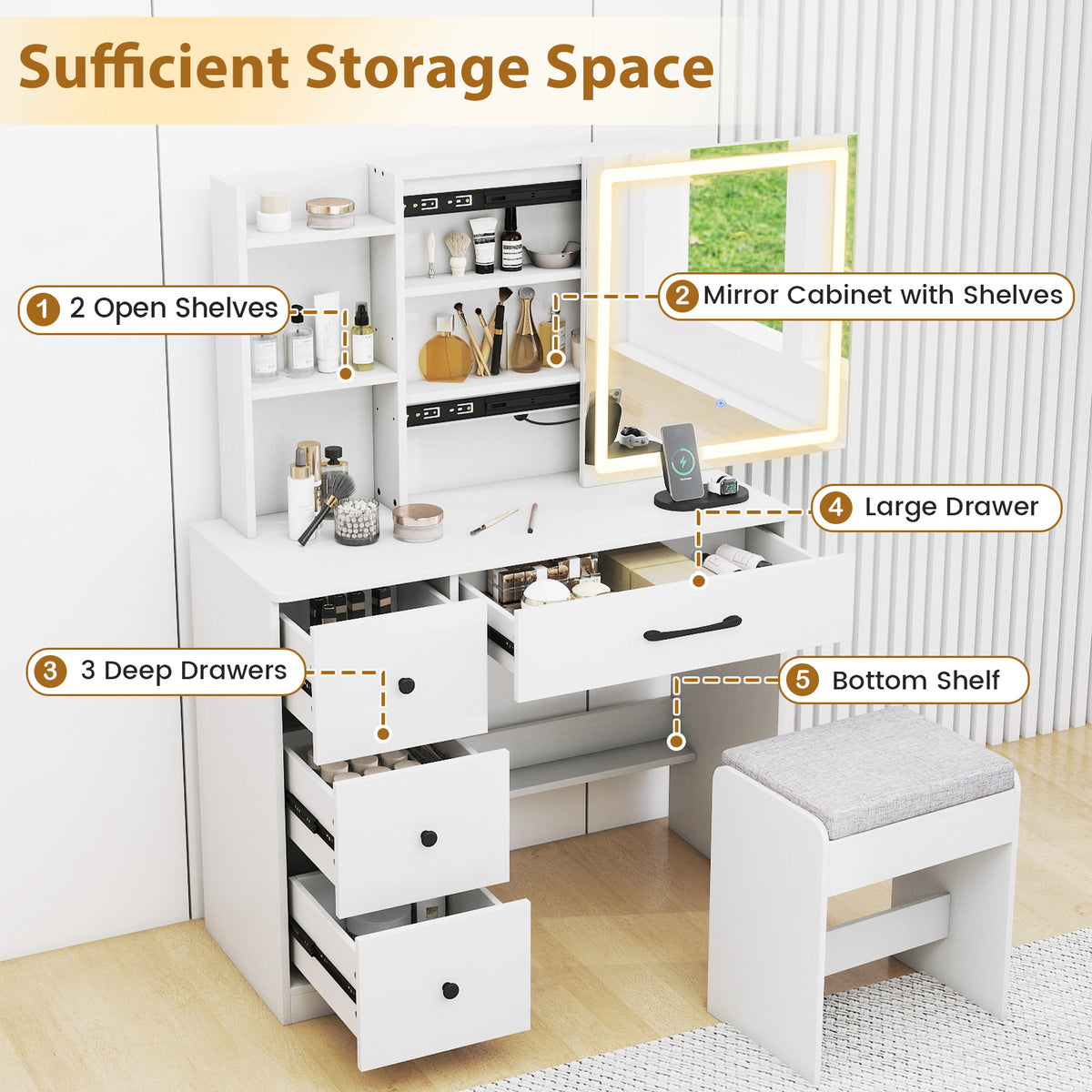 Makeup Table and Chair Set with 4 Drawers and Storage Shelves