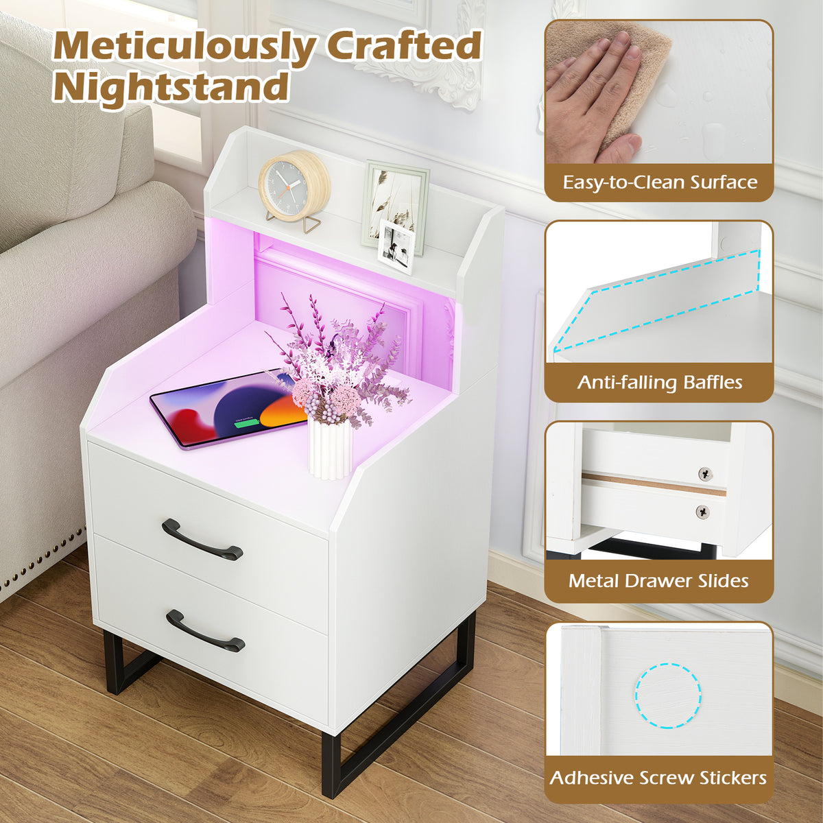 Modern Bedside Table with Built-in Charging Station and LED Lights