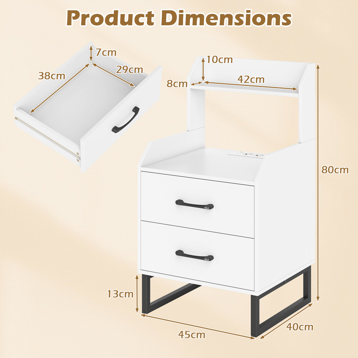 Modern Bedside Table with Built-in Charging Station and LED Lights