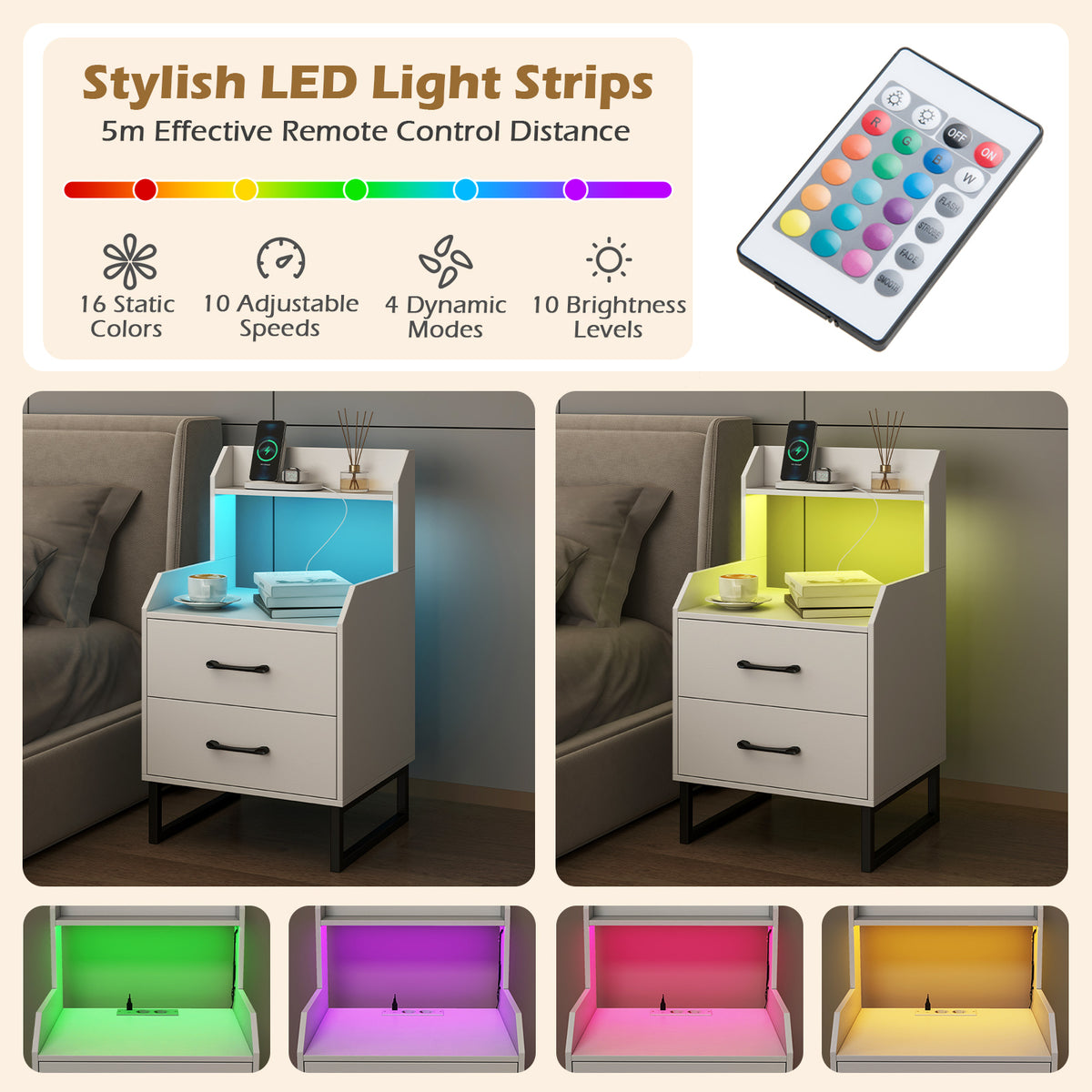 Modern Bedside Table with Built-in Charging Station and LED Lights