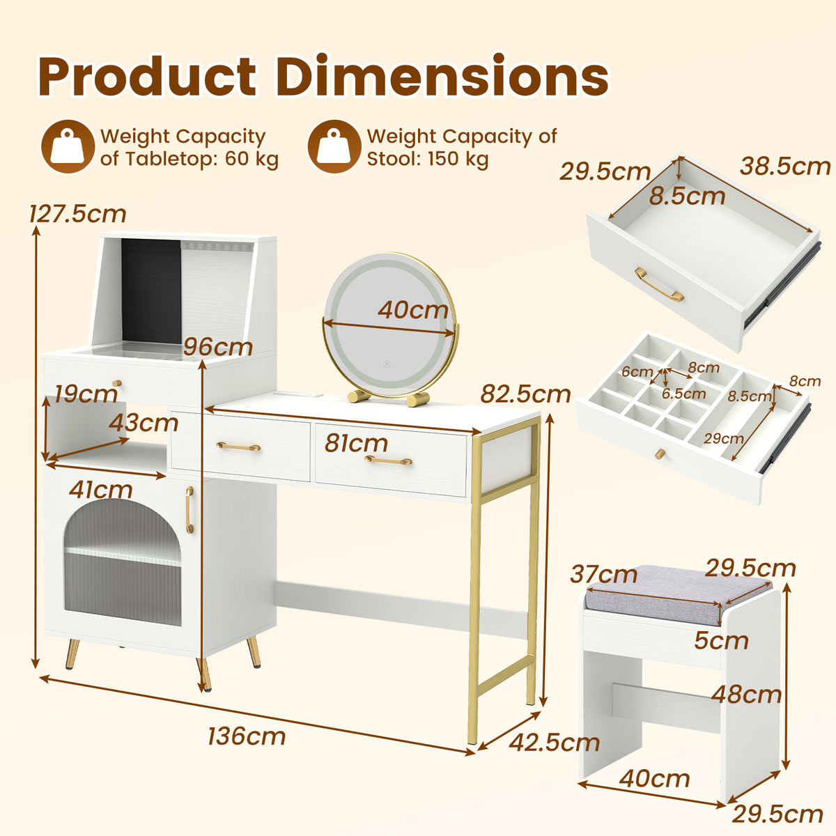 Vanity Desk with Rotatable Mirror and Lights Makeup Dressing Table