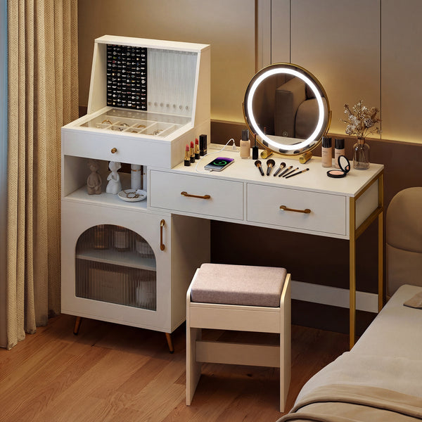 Vanity Desk with Rotatable Mirror and Lights Makeup Dressing Table