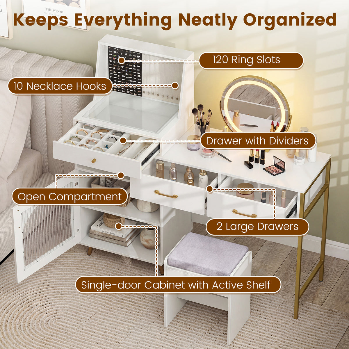 Vanity Desk with Rotatable Mirror and Lights Makeup Dressing Table