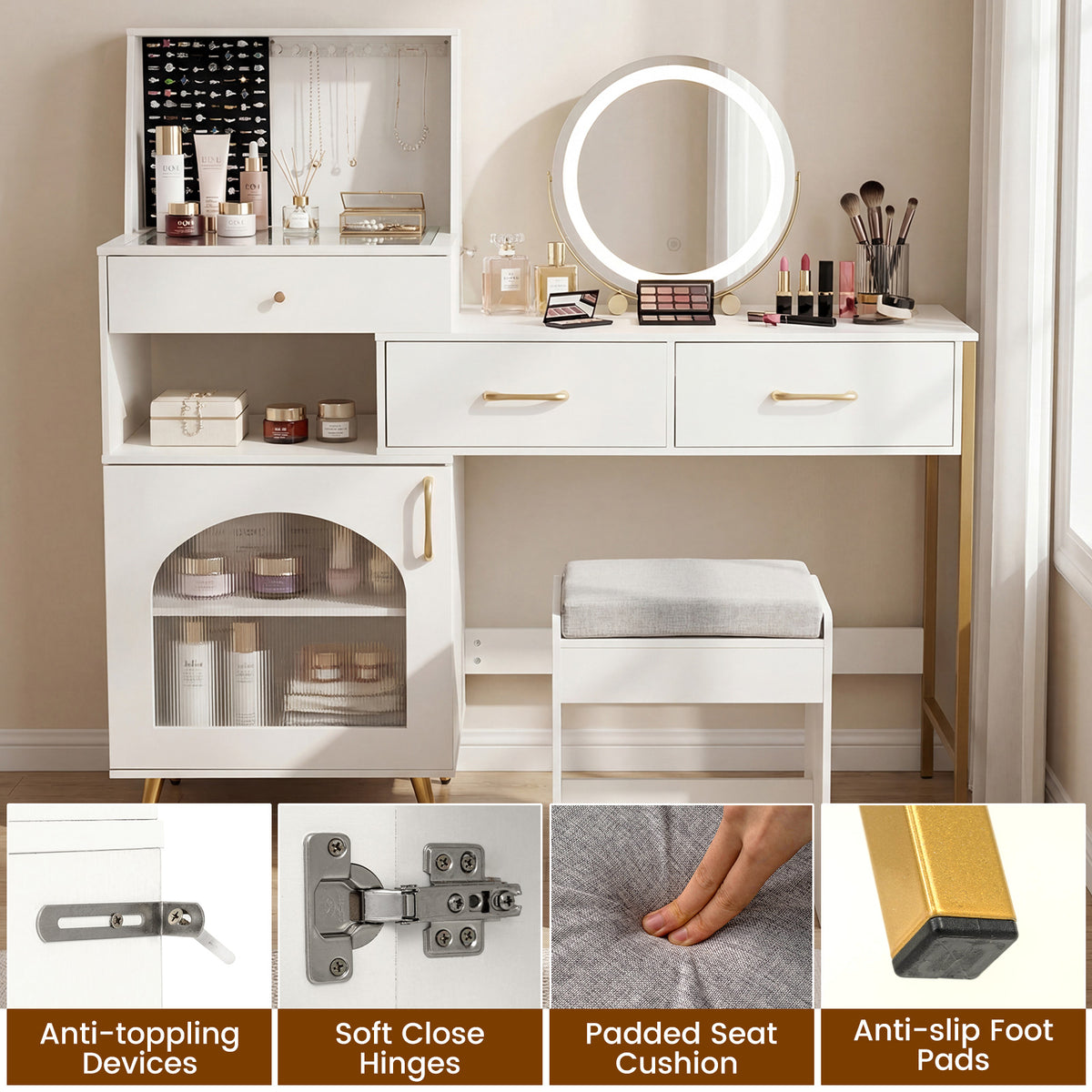 Vanity Desk with Rotatable Mirror and Lights Makeup Dressing Table